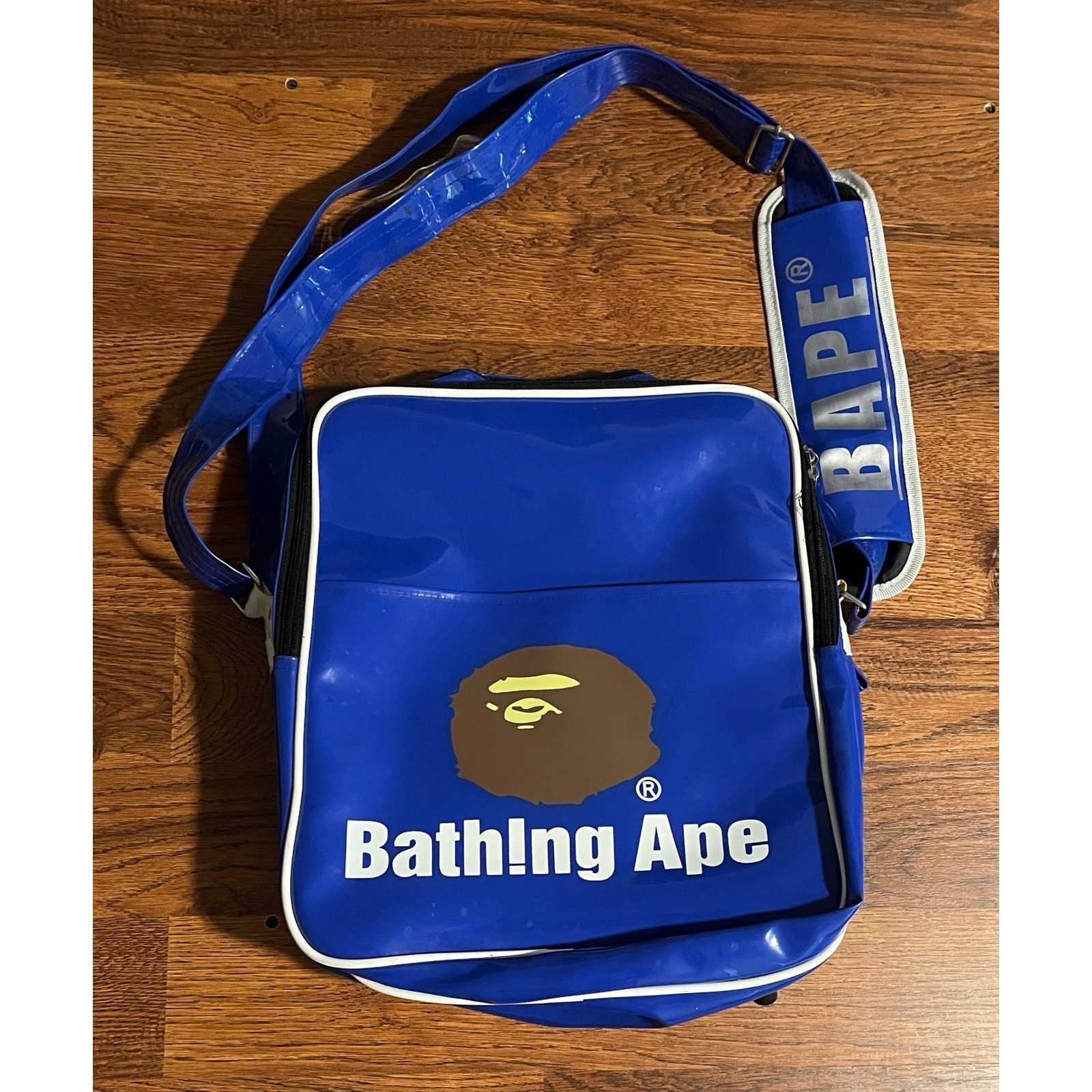 A Bathing Ape Og Bape Blue Vinyl Messenger Bag Ape Head Logo Shoulder Bag